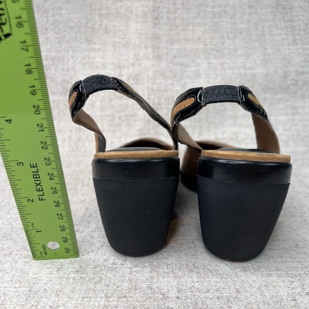 Cole Haan tan perforated suede & black patent‎ wedges heels size 6.5B slingback